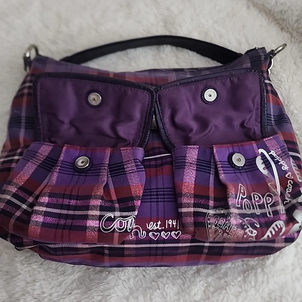 Coach Poppy Purple Tartan Metallic Shoulder Bag Purse - Picture 8 of 16